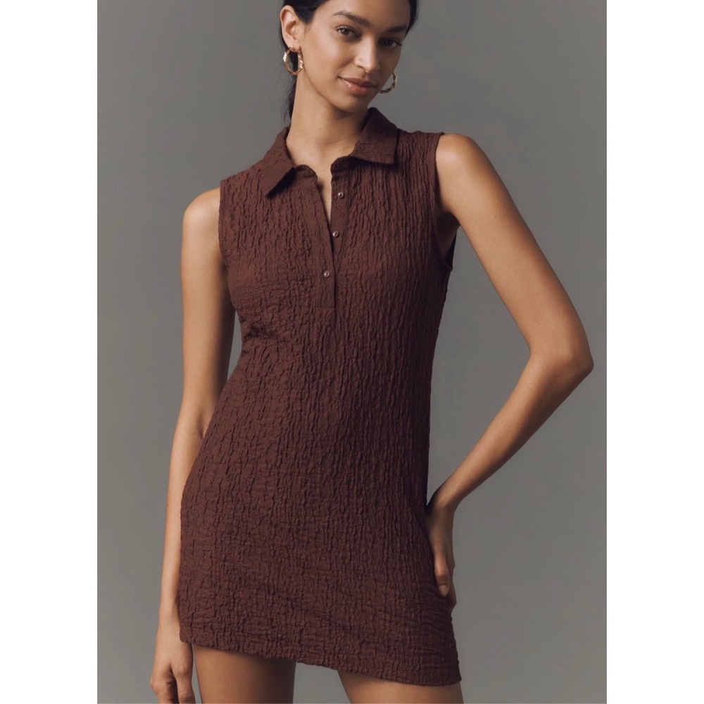 Anthropologie Brown Textured Mini Shirt Dress Large NWT Quiet Luxury
